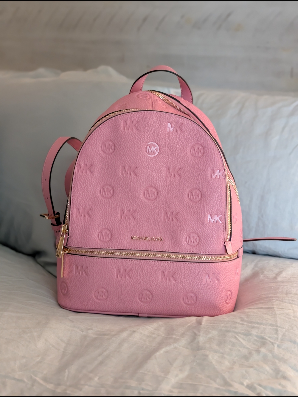 NWT Michael Kors Rhea Medium Zip Backpack in Carnation Pink Monogram